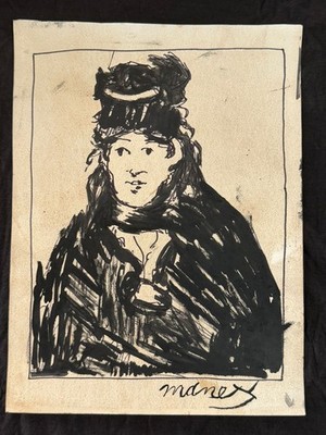 EDOUARD MANET drawing and painting on old paper signed stamped vintage