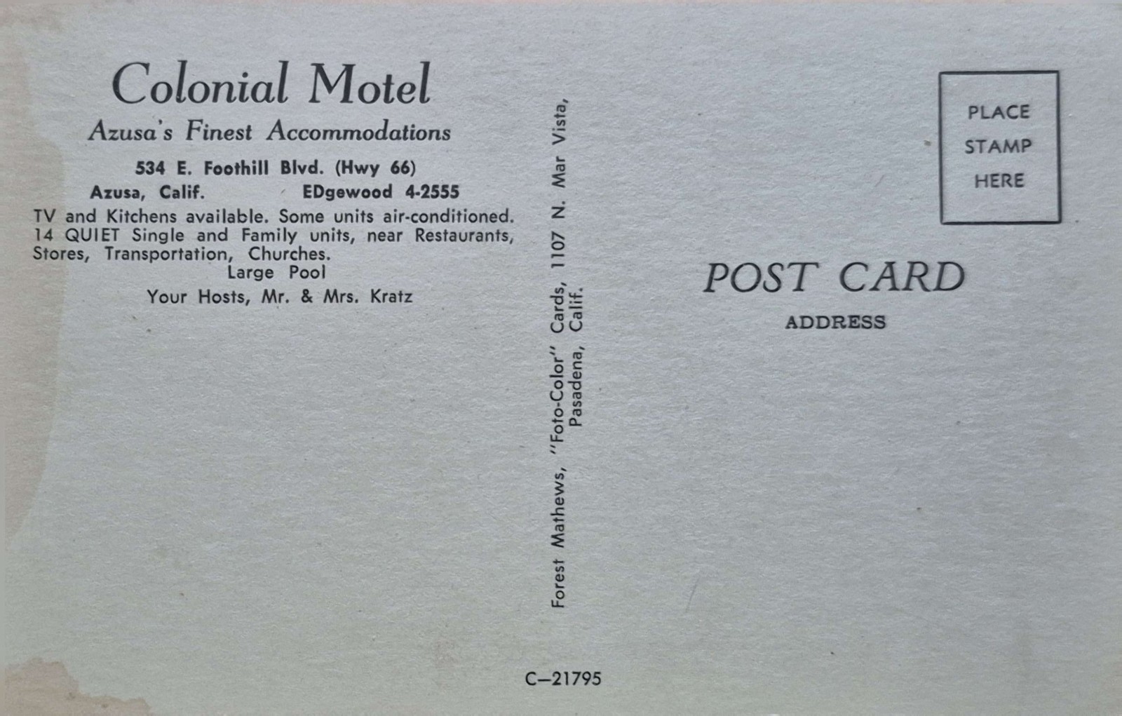 Azusa, CA.  Colonial Motel - Early Postcard