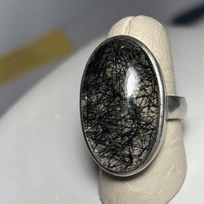 STERLING SILVER LARGE OVAL BLACK RUTILE RUTILATED QUARTZ RING Size 7.75