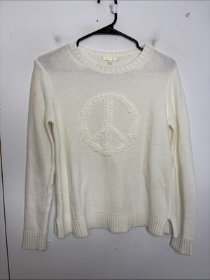 Lisa Todd Sweater Womens Extra Small Embroidered Puffy Peace Sign Knit Neutral