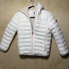Save The Duck Kids Size 10 White Puffer Fleece Jacket Hooded Vegan Down Coat
