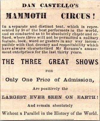 Dan Castello's Mammoth Circus 1871 Worcester MA Clipping TAJ8-S60