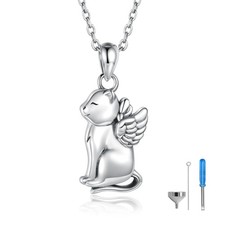 Sterling Silver Cat Urn Necklace for Ashes - S925 Pet Ketty fur Cremation Pen...