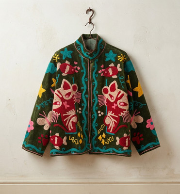 Women s Vintage Velvet Embroidered Jacket Colorful Folk Art Floral Boho Coat