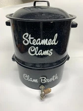 Vintage Clam Steamer Double Steam Pot Broth Spigot Speckled 14 1/2"