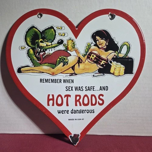 VINTAGE 1962 DATED RAT FINK HOT ROD 12” PORCELAIN SAFE SEX CAR GAS OIL SIGN