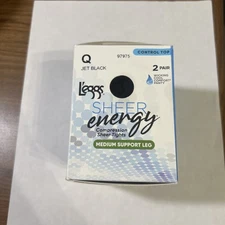 Leggs 2 Pack Sheer Energy Med Support Control Top Pantyhose Jet Black Size Q