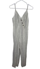 En Cr me Womens Size Small Striped Button-Detail Jumpsuit Linen Cotton Blend 78
