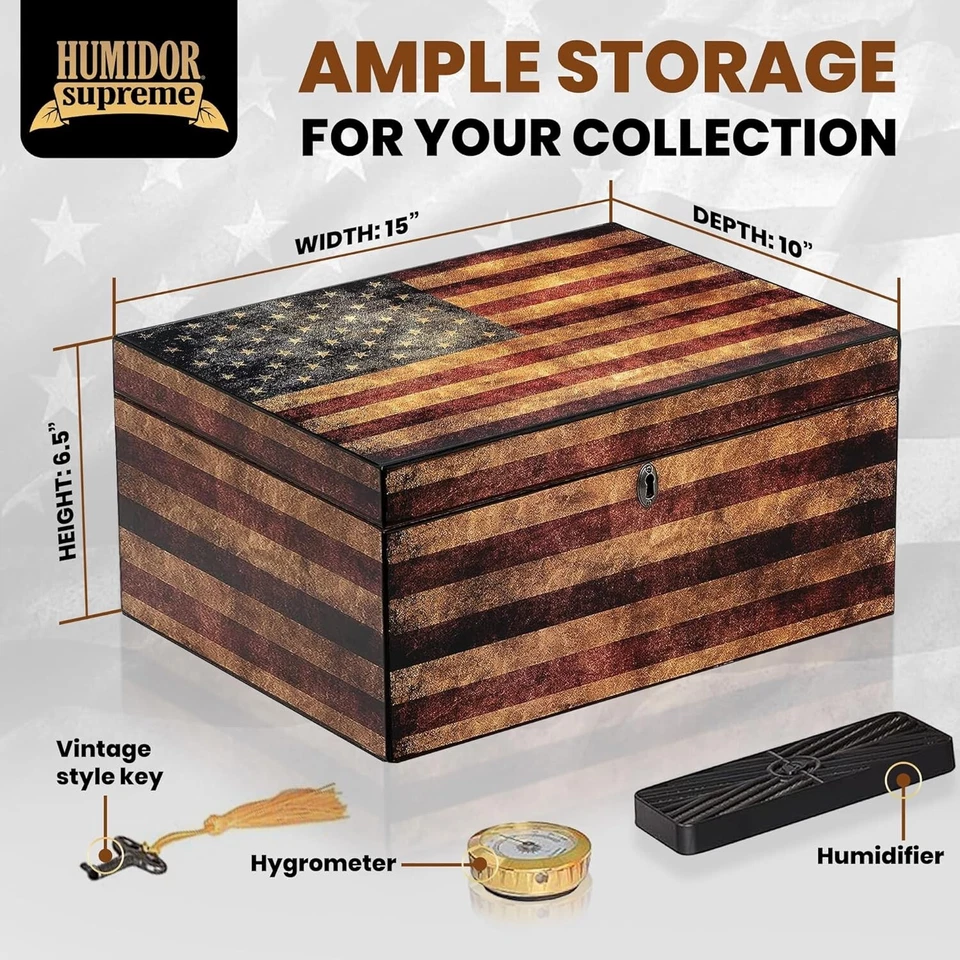 Old Glory American Flag 100ct Zigarren Humidor Box mit Luftbefeuchter + Hygrometer  - Bild 3 von 4