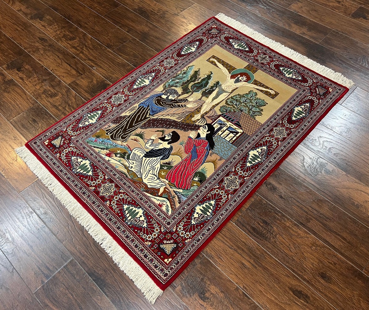 ラグ・カーペット Angeles religious painting rug blanket Pictorial Rug 3x5 Rare Christian Carpet Jesus on Cross Handmade