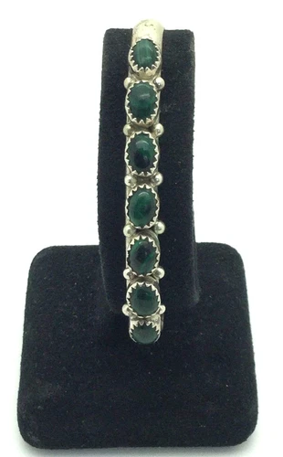 Vintage Sterling Silver Oval Green Malachite Halo Scallop Dotted Cuff Bracelet