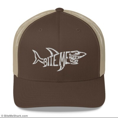 Bite Me Shark Trucker Hat, Brown and Khaki with White Embroidery (Unisex, Men...