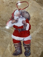 Vtg 22" Flocked Santa Claus Wall Hanging w/Pipe Cardboard Cutout 2 Sided