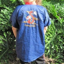 L Silky Thin Light Navy Blue Red Trim Thailand Robe Dragon Embroidery Pockets