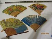4 VINTAGE CHINESE PAPER FLORAL DESIGN PERSONAL FAN WOOD HANDLES