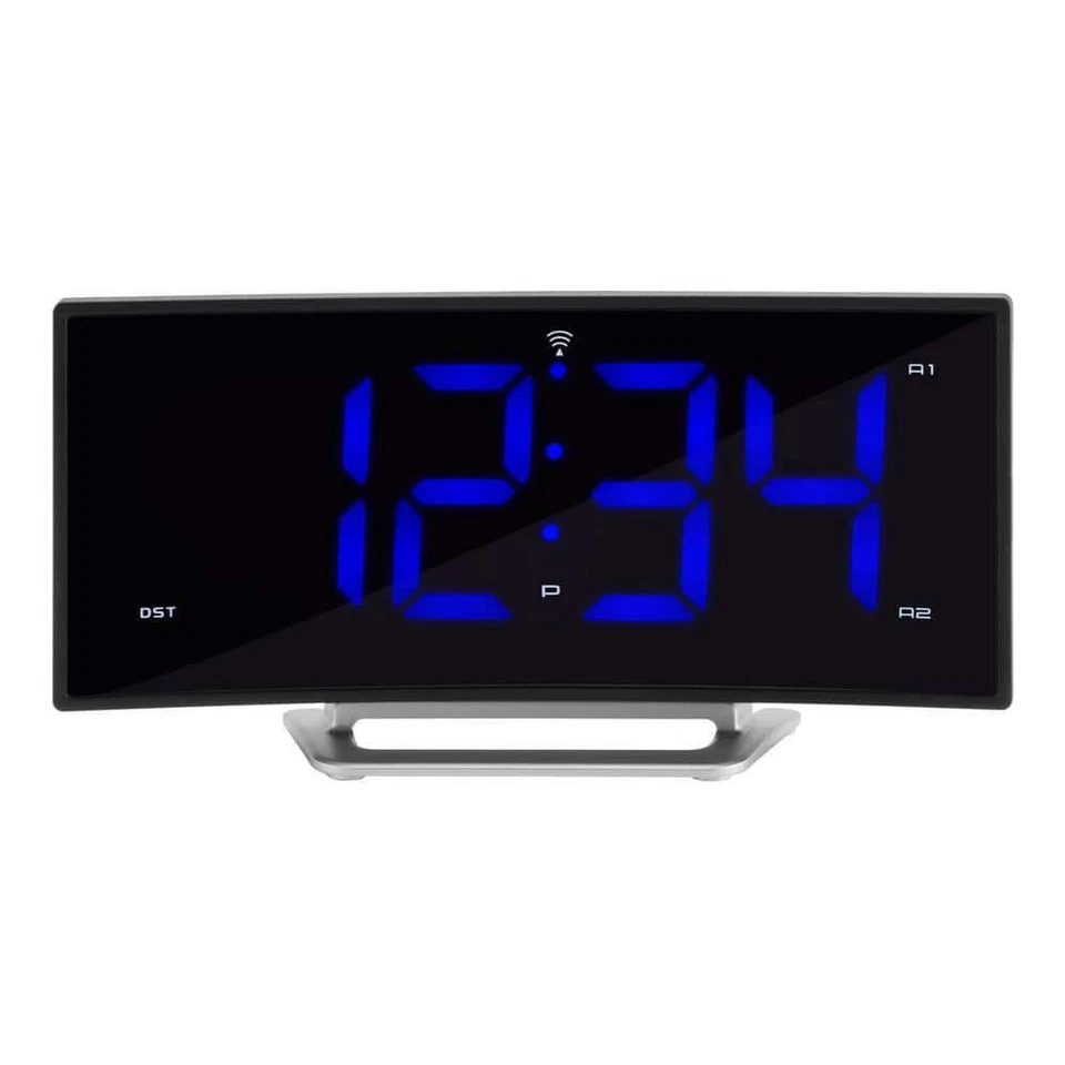 Dual Alarm Clock 1.8" W Curved Blue LED Atomic Large Digital Time Charging Port - Image 2 of 4