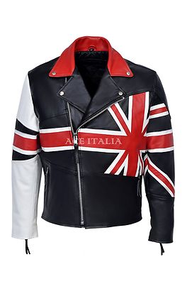 Men's BRANDO UNION JACK Motorcycle BRITISH FLAG Biker Hide Real - Main Image