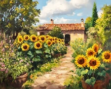 Garden with sunflowers oil painting 8x10 Print