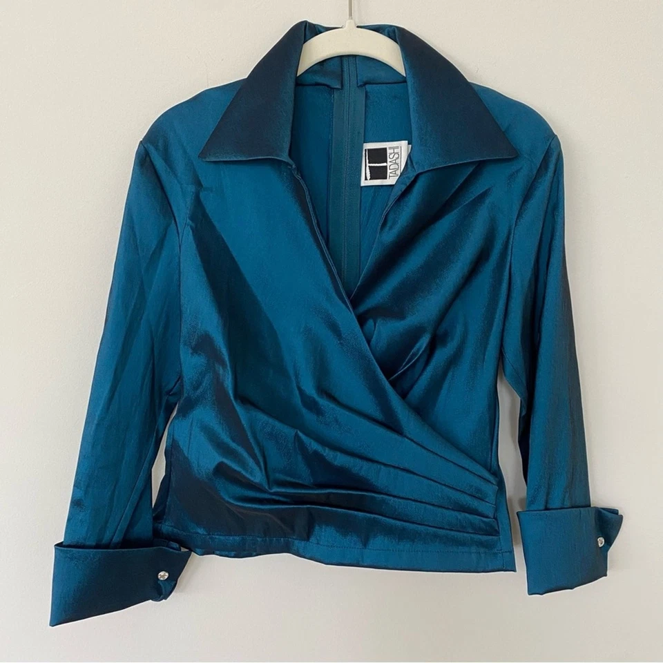 Vintage Tadashi Two-Piece Set Sz 4 Teal Satin Skirt Blouse Wedding Event 90s Y2K - Image 2 of 4