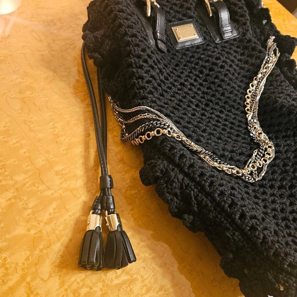 Bolso de Mano DOLCE & GABBANA Tejido Volantes Negro Flecos Doble Asas para Mujer Foto 4 de 4