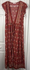 R.Vivimos Dress Womens Medium Red Boho Maxi Floral Print Ruffle Sleeve Tie Waist
