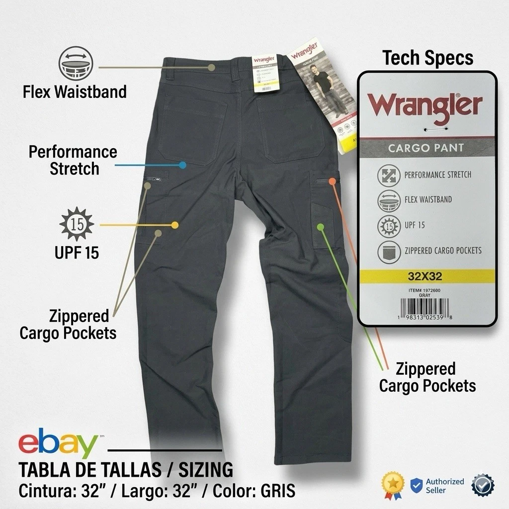 Wrangler Cargo Pants 32x32 Gray Performance Stretch UPF15 Flex Waistband