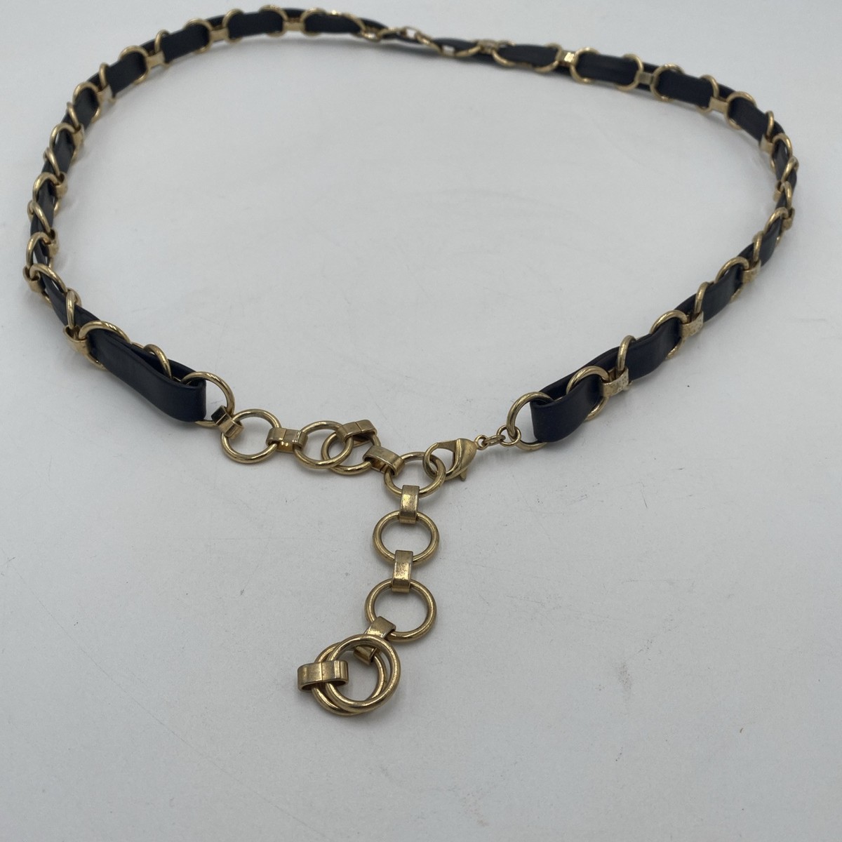 Chain Link Belt Black Leather Gold Statement Addustable 1/2