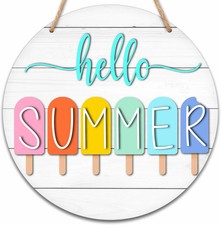 Summer Welcome Sign for Front Door, Hello Summer Wooden Signs Wall Decor, Popsic