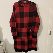 Lazy One S/M Unisex Oversized Sleep Hoodie L/S Thick Shirt Black Red Plaid