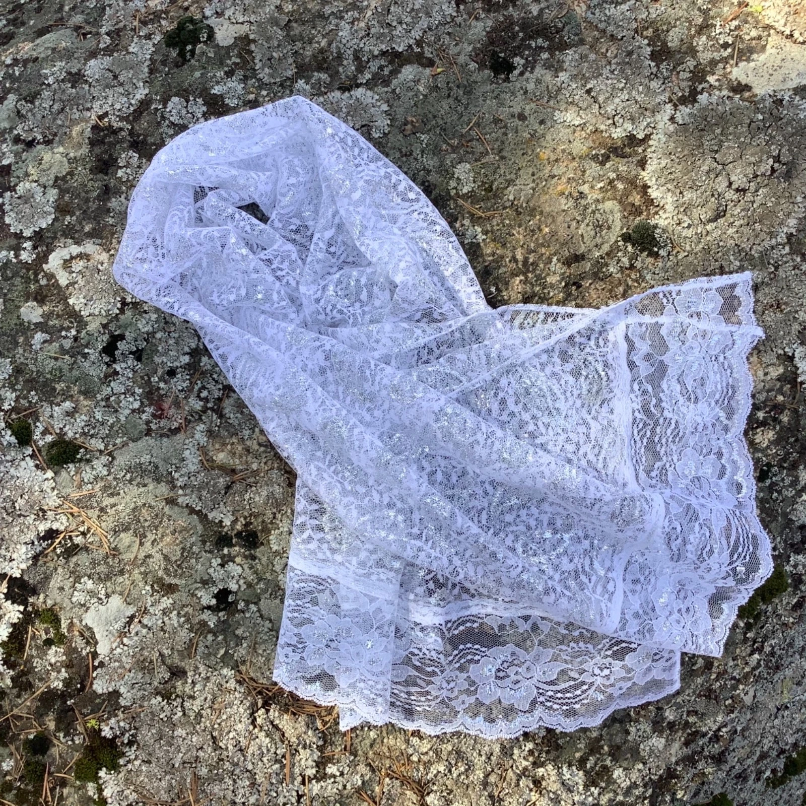 White Silver Metallic Lace Scarf 19x58