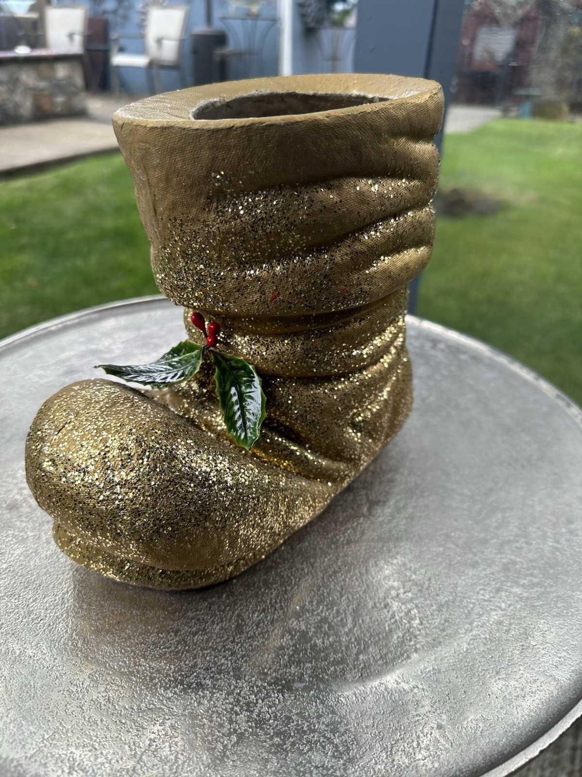 Vintage Large Gold Glittered Holly Paper Mache Christmas Santa Boot
