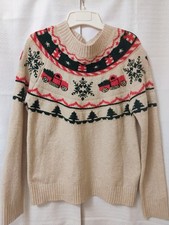 Maurices Women’s Medium Truck Fair Isle Christmas Holiday Sweater Cream Stretch