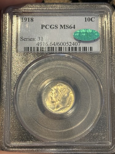 1918 MS64 CAC PCGS Mercury Dime PQ Blast White Tough Rare