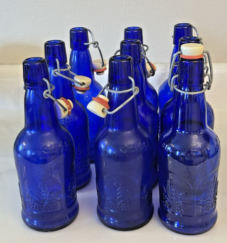 Vintage Cobalt Blue Swing Top Glass Bottle w/ Embossed Design | 9.5”