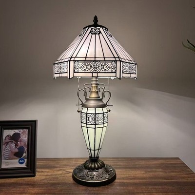 Tiffany Style Table Lamp White Stained Glass Shade And Base LED Bulbs  22