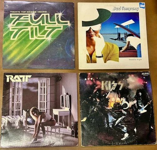 4 VINTAGE '70s ROCK VINYL RECORD ALBUM LOT KISS ALIVE RATT BAD COMPANY FULL TILT