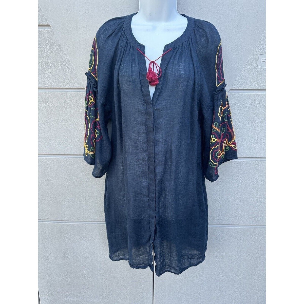 Eleven By March 11 Navy 100% Linen Embroidered Floral Tassel Mini Dress  Size M