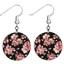 Japanese Charm Cherry Blossoms Earrings Dangle Drop Flower Blooms Floral Print