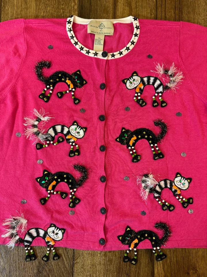 VTG Design Options Cardigan Sweater Womens 2X Cat Halloween Whimsical Witchy Y2K - Image 2 of 4