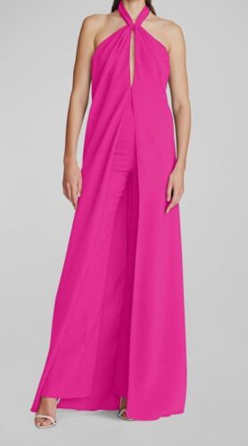 $595 Halston Women Pink Solid Dani Cut-Out Halter Jumpsuit Size 8 | eBay
