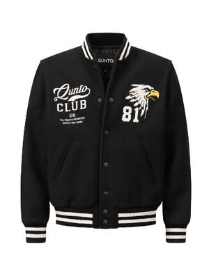 Qunto 1981 Varsity Bomberjacke Herren Größe Large Wolle Druckknopf Hergestellt in Portugal Neu mit Etikett