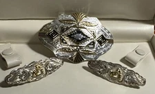 Montana Silversmith Belt Buckle Aztec Design Tri Color w/ 2 Barrel Racing Concho