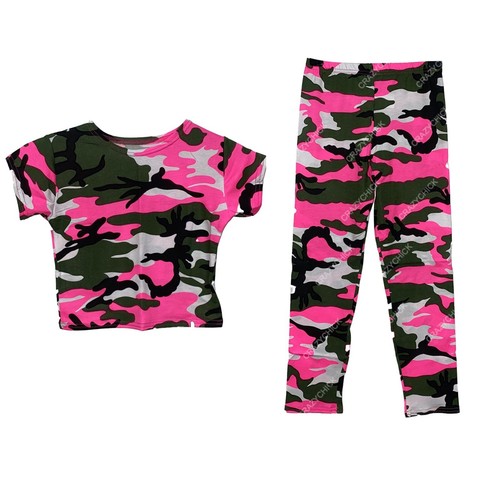 Girls Kids Pink Camouflage Leggings & Crop Top Vest Urban Dance Wear Set Child's - Picture 3 of 11