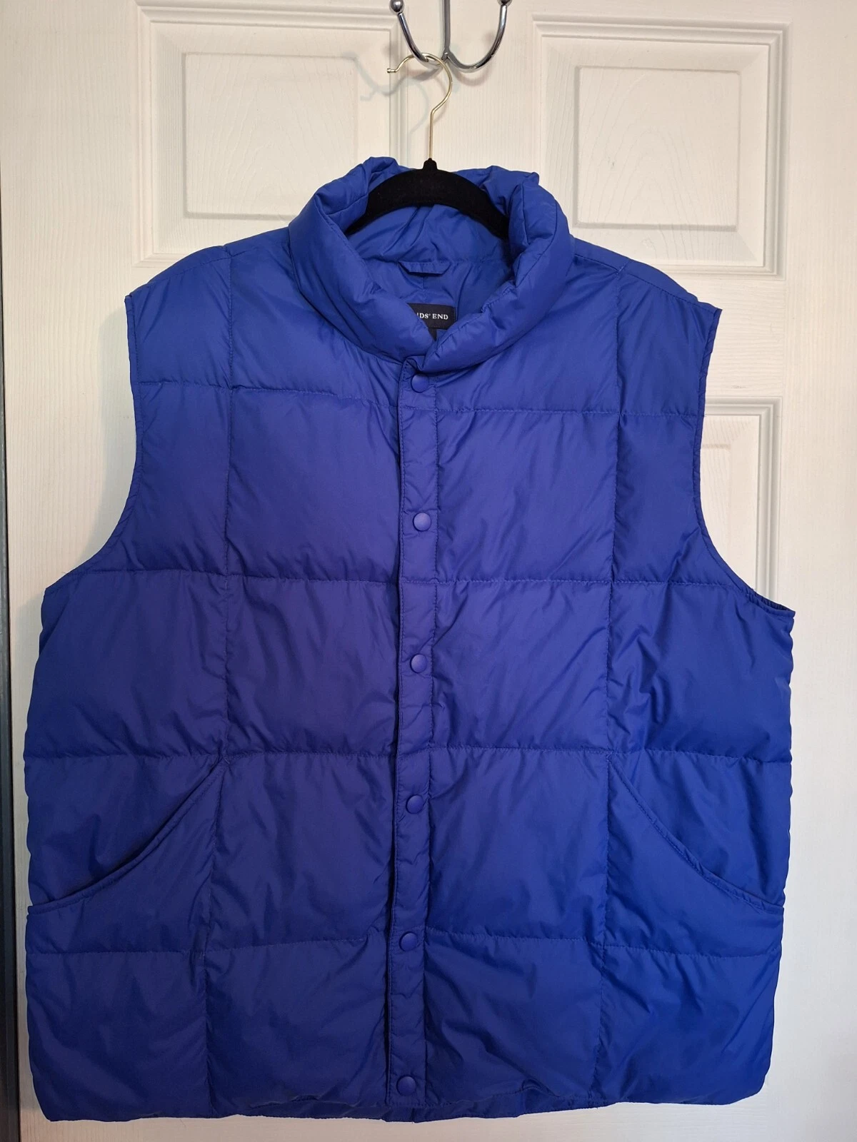 Lands End Puffer Vest Mens Large 42/44 Royal Blue Snap Goose Down Warm Cozy