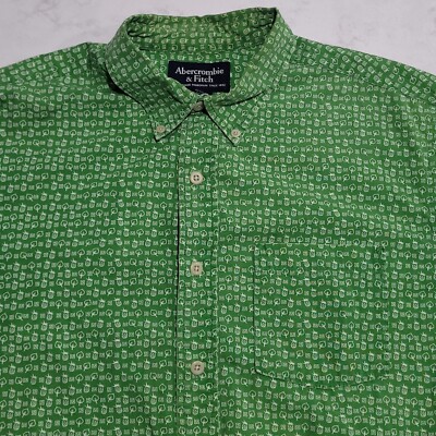 Abercrombie & Fitch Tropical Hawaiian Shirt Men L Green Leaf Pineapple Geometric