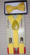 Kids Girls Boys Yellow Adj Bow Tie Yellow with White Polka Dots Adj Suspenders