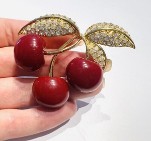 Authentic Joan Rivers Gold Plated Crystal Red Resin Cherry Brooch