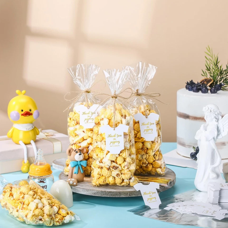 Juego de 100 bolsas transparentes para palomitas de maíz etiquetas de agradecimiento de papel para baby shower de 1,97 X 2,36 pulgadas Foto 3 de 4