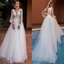 Vintage A-Line Wedding Dresses V-Neck Long Sleeves Lace Appliques Bridal Gowns
