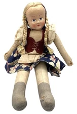 Antique Rag Doll Swedish Flicka Cloth Sawdust Stuffed Body Stamped Poland Wear